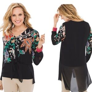 CHICO’S Long Bohemian‎ Bouquet Top | Black | Size Chico’s 1 Women’s US 8